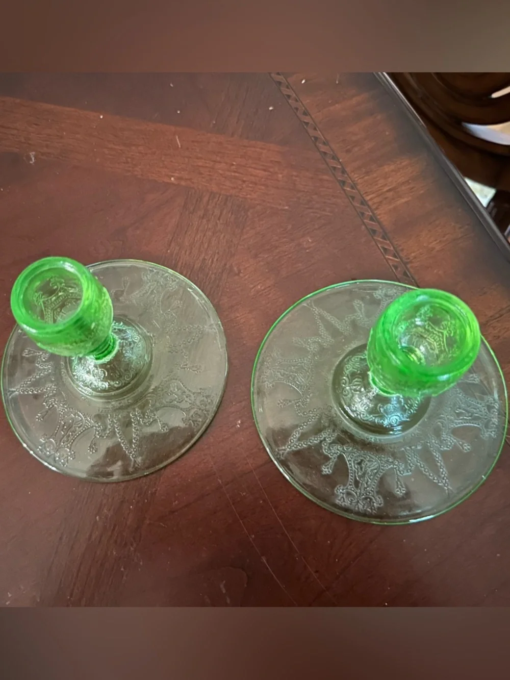 HOCKING GLASS CO. CAMEO or BALLERINA GREEN RARE PAIR 3